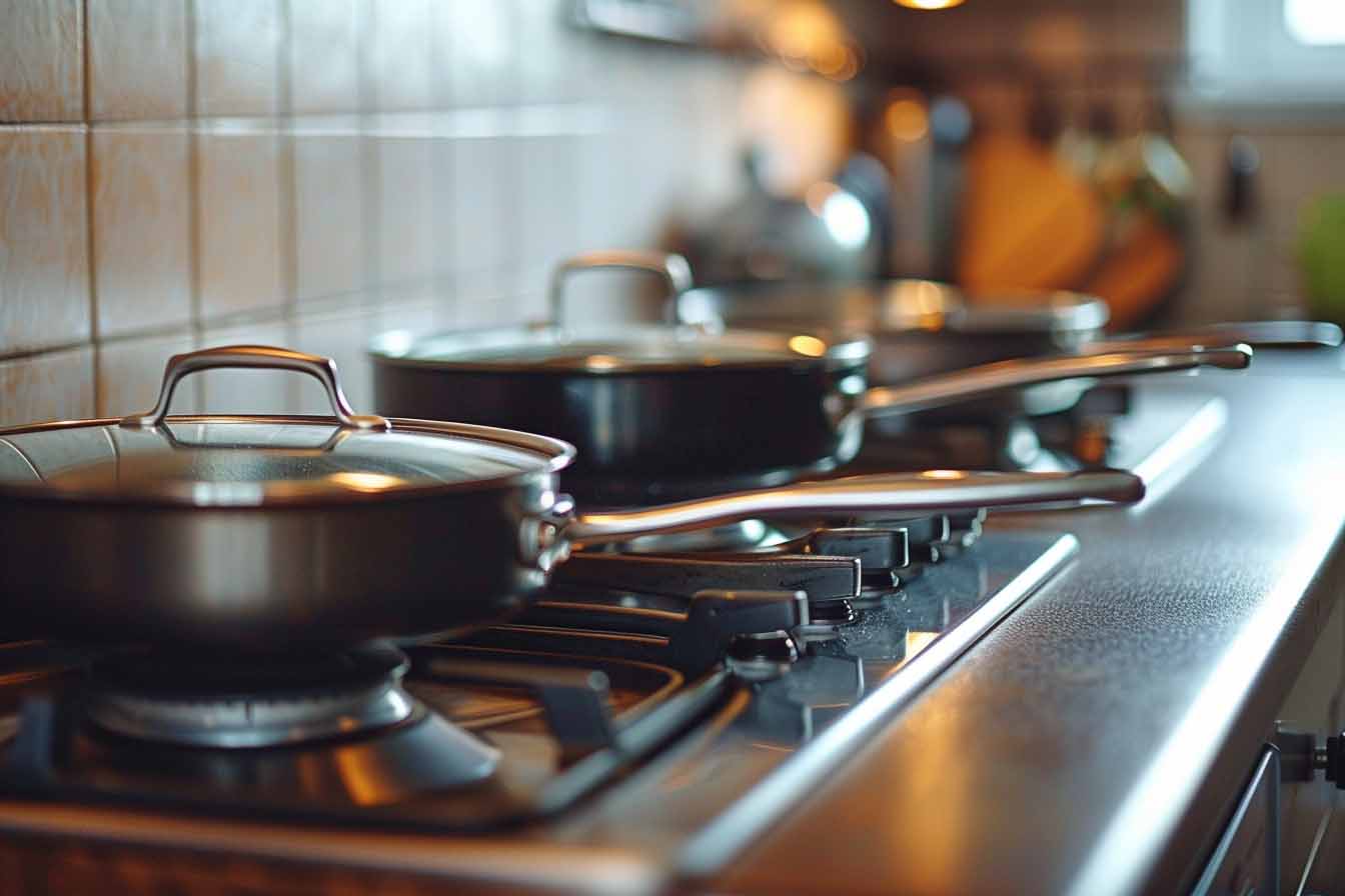 Nonstick Calphalon pans on a stove, spotlighted for safety analysis, emphasizing the focus on health and quality assurance in cookware selection