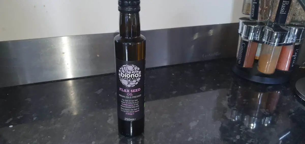 A bottle of flax seed oil Flax seed oil for seasoning cast iron